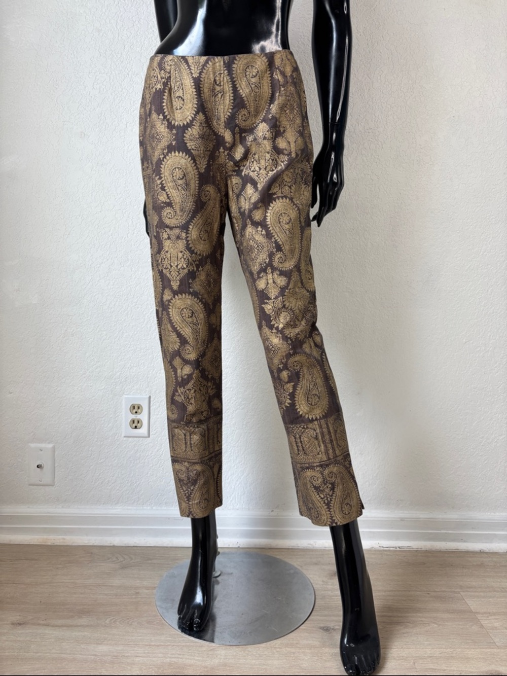 Lafayette 148 New York Brown and Gold Paisley Linen Trousers